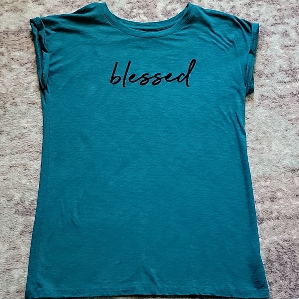 Cynthia Rowley “Blessed” teal shirt, M
